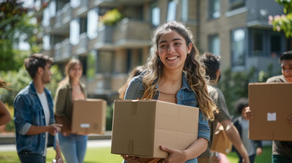 A lady smiling and carrying a brown carton