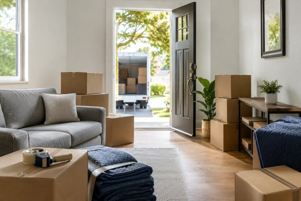 an image of a home with packed boxes. Pov in the house looking out to the lorry being packed outside the door